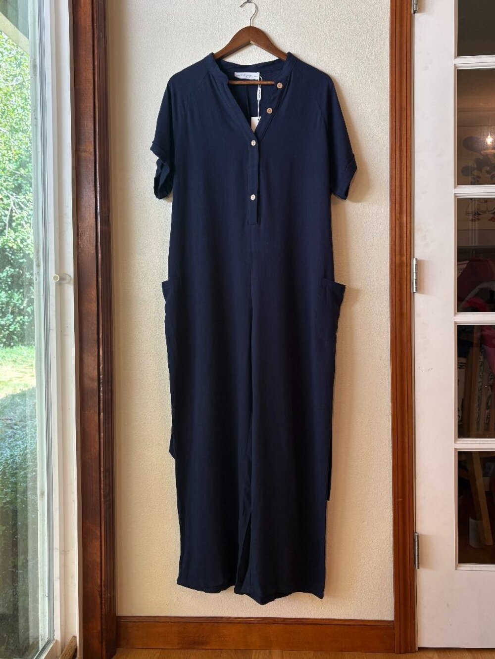 NWT Petal & Pup Archie Jumpsuit 100% Linen Navy Blue Straight Leg Pockets Sz 12